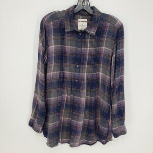 3/$25 American Eagle Pleated Plaid Flannel Tunic Top M Womens Long Sleeve Purple